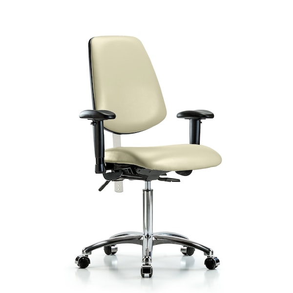 Blue Ridge Ergonomics NCR-VMBCH-MB-CR-T1-A1-NF-CC-8501 Class 100 Vinyl Clean Room Chair - Medium Bench Height with Medium Back, Seat Tilt, Adjustable Arms, & Casters in Adobe White Trailblazer™ Vinyl