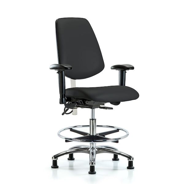 Blue Ridge Ergonomics NECR-VMBCH-MB-CR-T1-A1-CF-EG-ESDBLK CL100 Vinyl Clean Room/ESD Chair - Medium Bench Height with Medium Back, Seat Tilt, Adj Arms, Chrome Foot Ring, & ESD Stationary Glides in Black ESD Vinyl