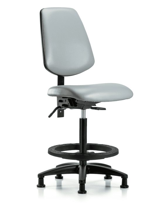 Blue Ridge Ergonomics VHBCH-MB-RG-T0-A0-BF-RG-8567 Rutledge Vinyl Chair - High Bench Height with Medium Back, Black Foot Ring, & Stationary Glides in Dove Trailblazer™ Vinyl