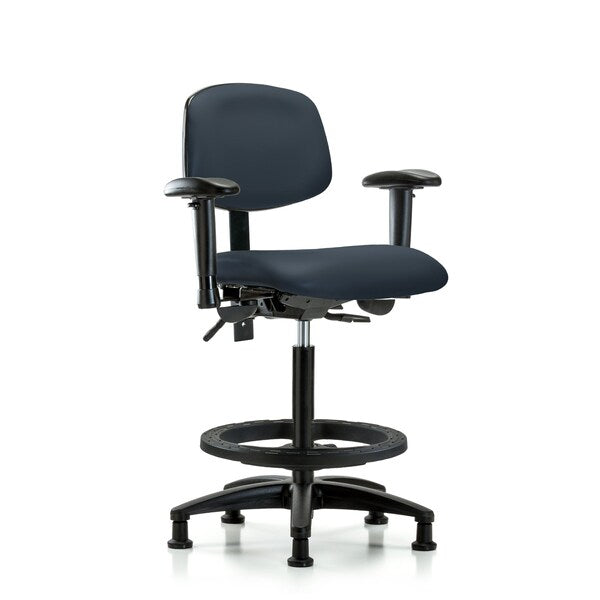 Blue Ridge Ergonomics VHBCH-RG-T0-A1-BF-RG-8582 Rutledge Vinyl Chair - High Bench Height with Adjustable Arms, Black Foot Ring, & Stationary Glides in Imperial Blue Trailblazer™ Vinyl