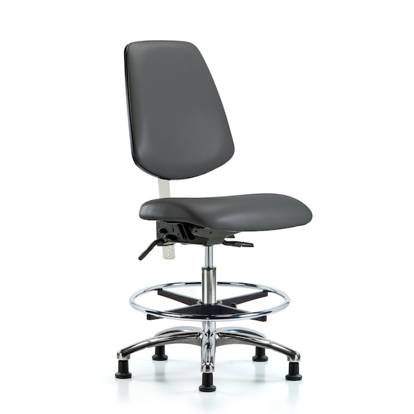 Blue Ridge Ergonomics NCR-VMBCH-MB-CR-T1-A0-CF-RG-8823 Class 100 Vinyl Clean Room Chair - Medium Bench Height with Medium Back, Seat Tilt, Chrome Foot Ring, & Stationary Glides in Carbon Supernova™ Vinyl