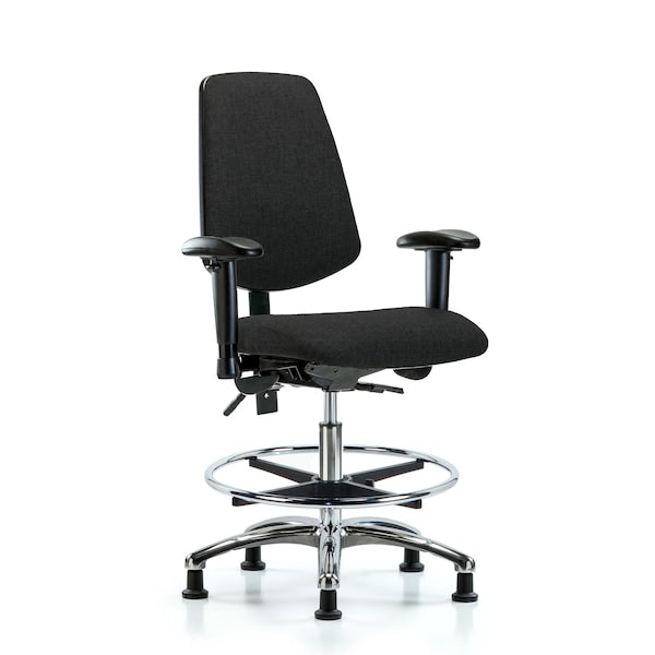 Blue Ridge Ergonomics FMBCH-MB-CR-T1-A1-CF-RG-F42 Rutledge Fabric Chair Chrome - Medium Bench Height with Medium Back, Seat Tilt, Adjustable Arms, Chrome Foot Ring, & Stationary Glides in Black Fabric