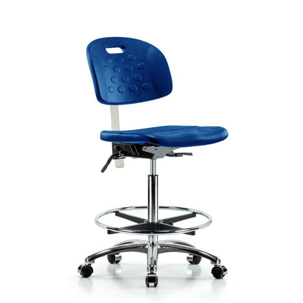 Blue Ridge Ergonomics CLR-HPHBCH-CR-T0-A0-CF-CC-BLU Class 10 Newport Industrial Polyurethane Clean Room Chair - High Bench Height with Chrome Foot Ring & Casters in Blue Polyurethane