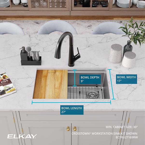 Elkay ECTRU27169RW Crosstown® 18 Gauge Workstation Stainless Steel 28-1/2" x 18-1/2" x 8-1/2" Single Bowl Undermount Sink Kit