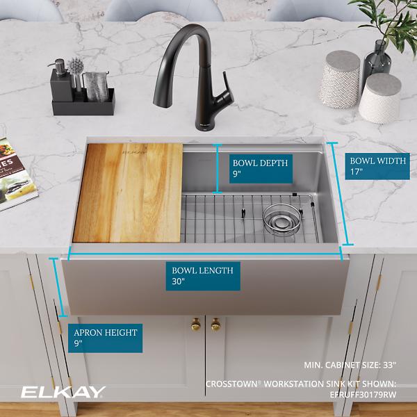 Elkay EFRUFF30179RW Crosstown® 16 Gauge Workstation Stainless Steel 31-7/8" x 20-1/4" x 9-7/16" Single Bowl Farmhouse Sink Kit