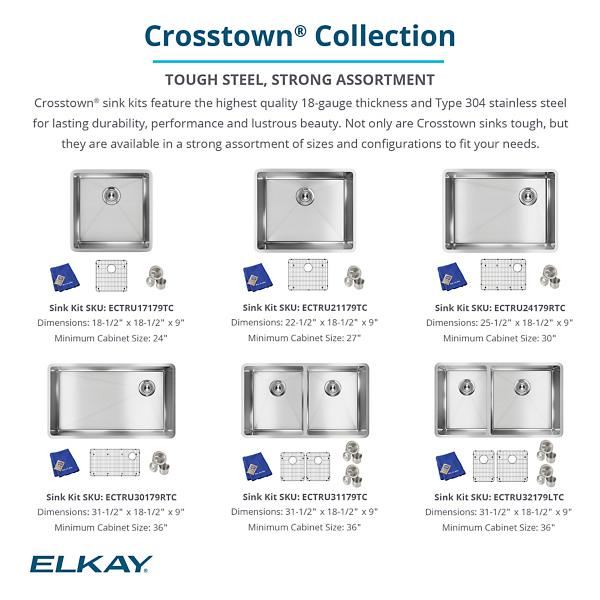 Elkay ECTRU24179RTC Crosstown® 18 Gauge Stainless Steel 25-1/2" x 18-1/2" x 9" Single Bowl Undermount Sink Kit