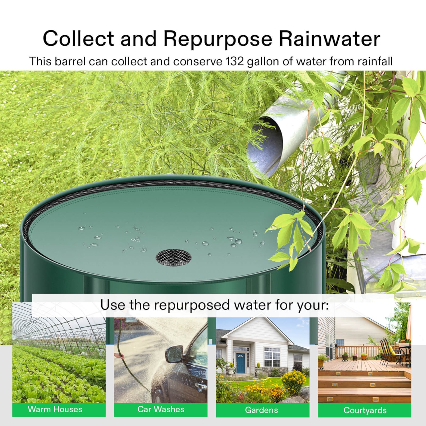 Vivosun Collapsible Rain Barrel, 132 Gallon, Green