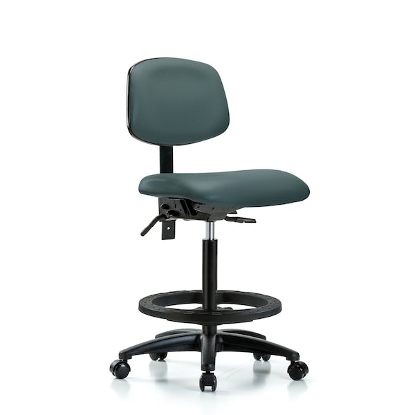 Blue Ridge Ergonomics VHBCH-RG-T0-A0-BF-RC-8546 Rutledge Vinyl Chair - High Bench Height with Black Foot Ring & Casters in Colonial Blue Trailblazer™ Vinyl