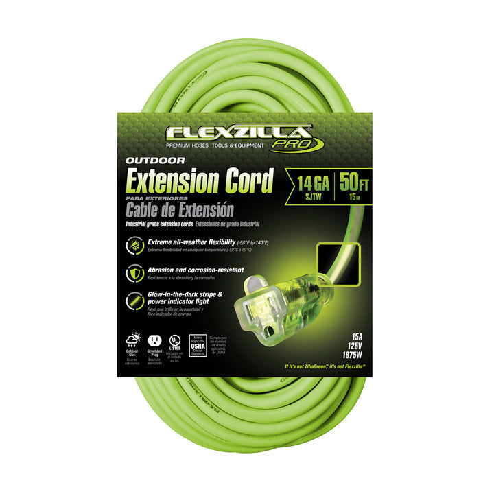 FlexZilla FZ512730 Pro Extension Cord, 14/3 AWG SJTW, 50', Outdoor, Lighted Plug