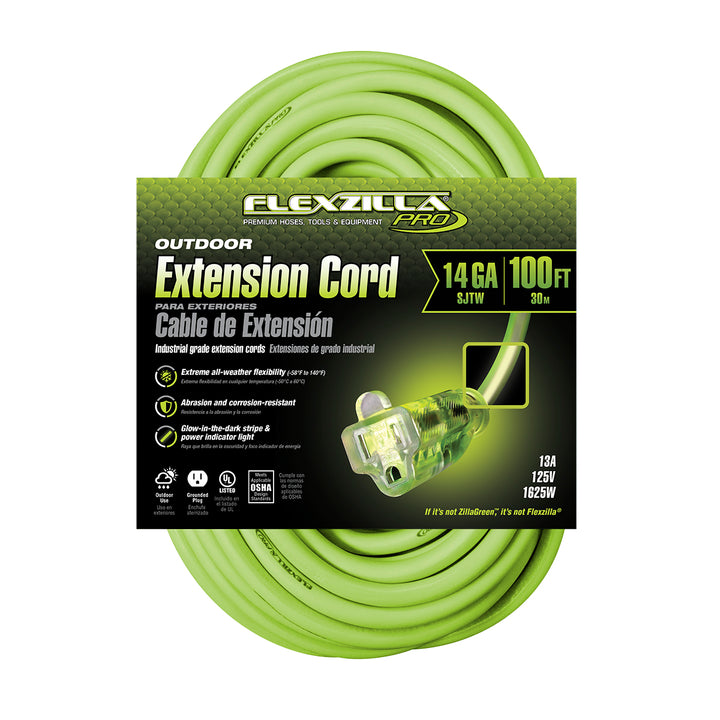 FlexZilla FZ512735 Pro Extension Cord, 14/3 AWG SJTW, 100', Outdoor, Lighted Plug