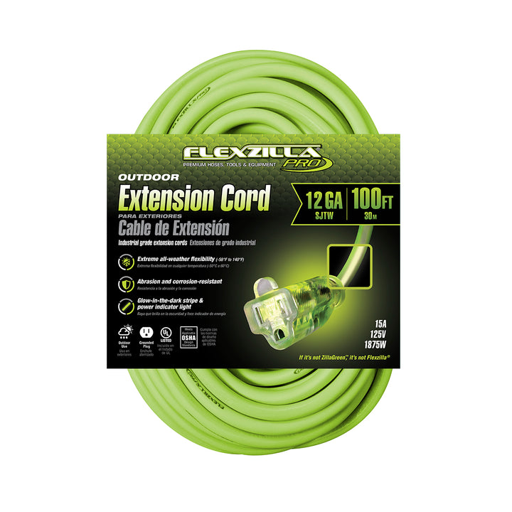 FlexZilla FZ512835 Pro Extension Cord, 12/3 AWG SJTW, 100', Outdoor, Lighted Plug
