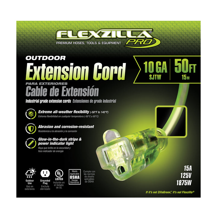 FlexZilla FZ512930 Pro Extension Cord, 10/3 AWG SJTW, 50', Outdoor, Lighted Plug