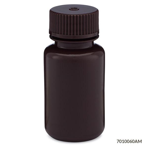 Globe Scientific 7010060AM Bottle Wide Mouth HDPE Bottle Attached PP Screw Cap Amber 60mL 12/Pack