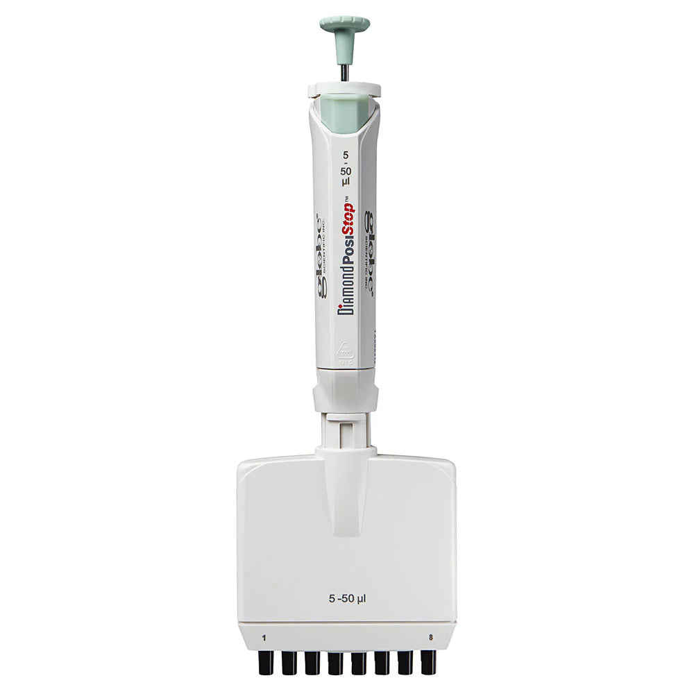 Globe Scientific 3364-50 Pipette Diamond PosiStop Fully Autoclavable 8-Channel Adjustable volume 5 - 50ul Green