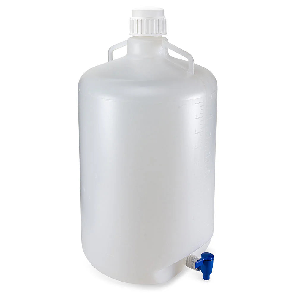 Globe Scientific 7270050 Carboy Round with Spigot and Handles LDPE White PP Screwcap 50 Liter Molded Graduations