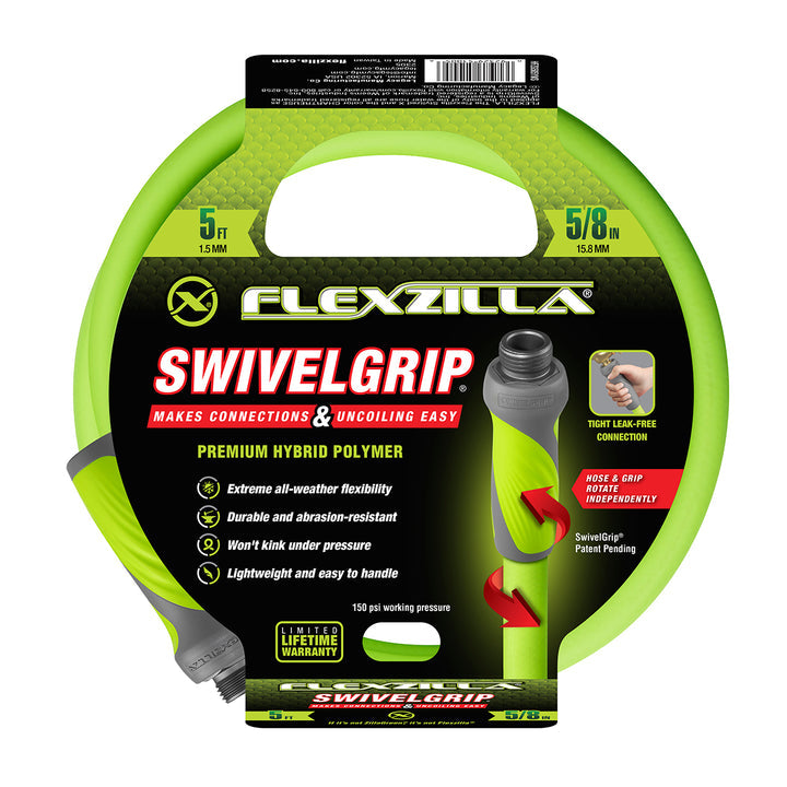 FlexZilla HFZG505YWS SwivelGrip® Garden Lead-in Hose, 5/8" x 5', 3/4" - 11 1/2 GHT Fittings