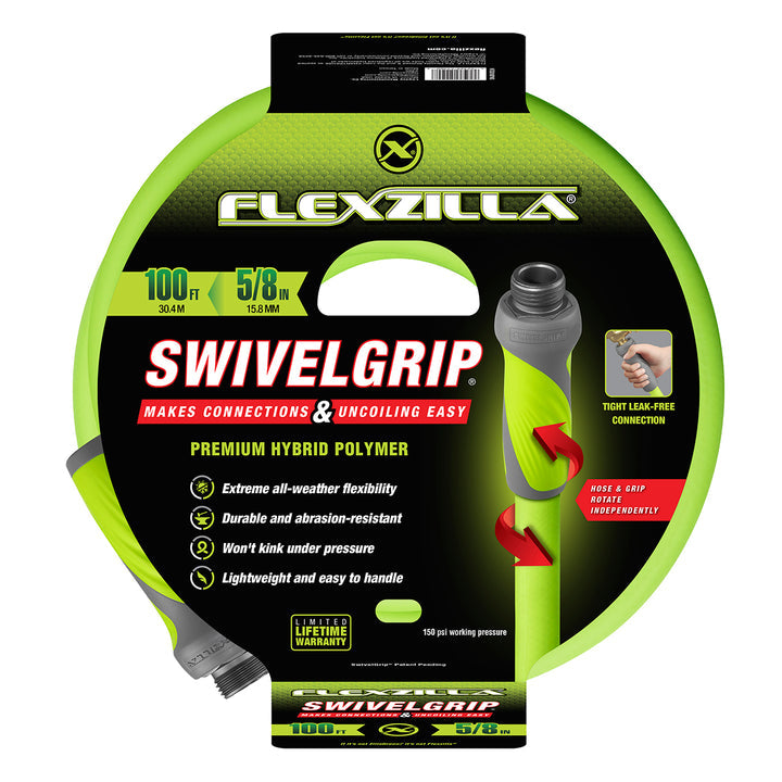 FlexZilla HFZG5100YWS SwivelGrip® Garden Hose, 5/8" x 100', 3/4" - 11 1/2 GHT Fittings