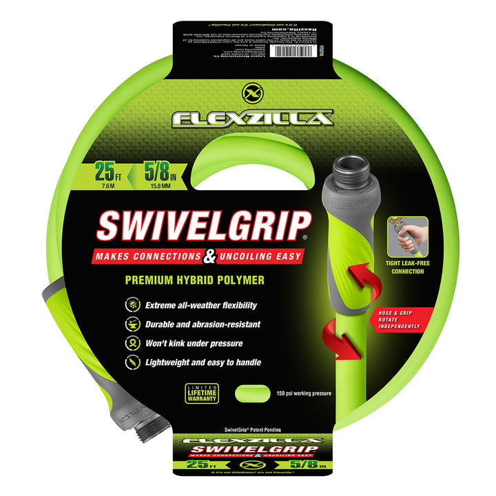 FlexZilla HFZG525YWS SwivelGrip® Garden Hose, 5/8" x 25', 3/4" - 11 1/2 GHT Fittings