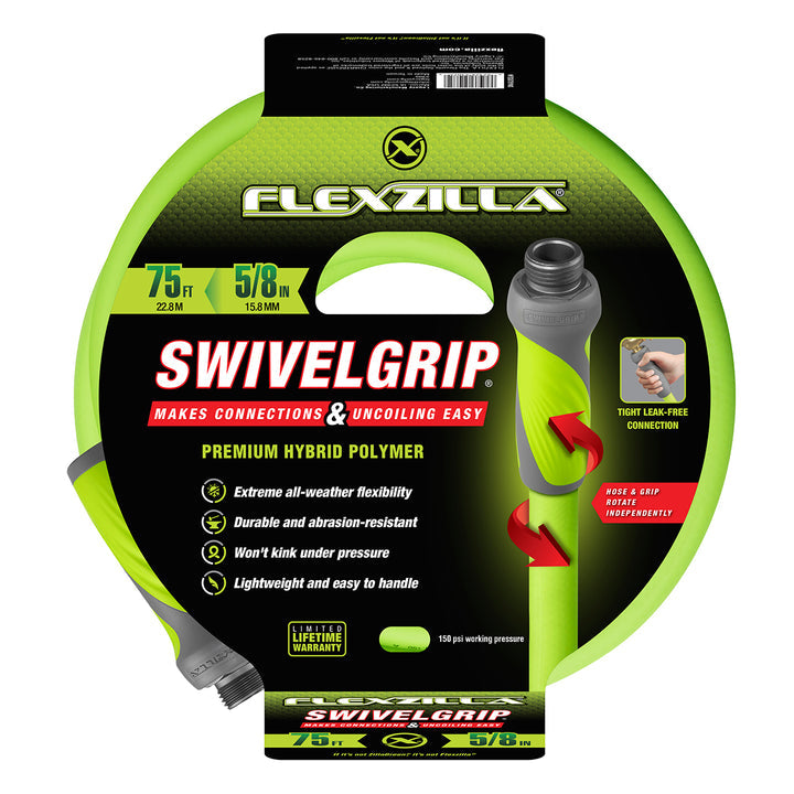 FlexZilla HFZG575YWS SwivelGrip® Garden Hose, 5/8" x 75', 3/4" - 11 1/2 GHT Fittings
