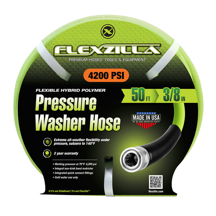 FlexZilla HFZPW426050Q Pressure Washer Hose, 3/8" x 50’, 4200PSI, Integrated Quick Connect Fittings
