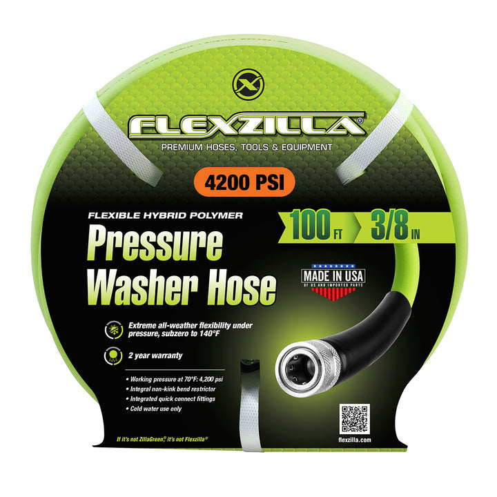 FlexZilla HFZPW426100Q Pressure Washer Hose, 3/8" x 100’, 4200PSI, Integrated Quick Connect Fittings