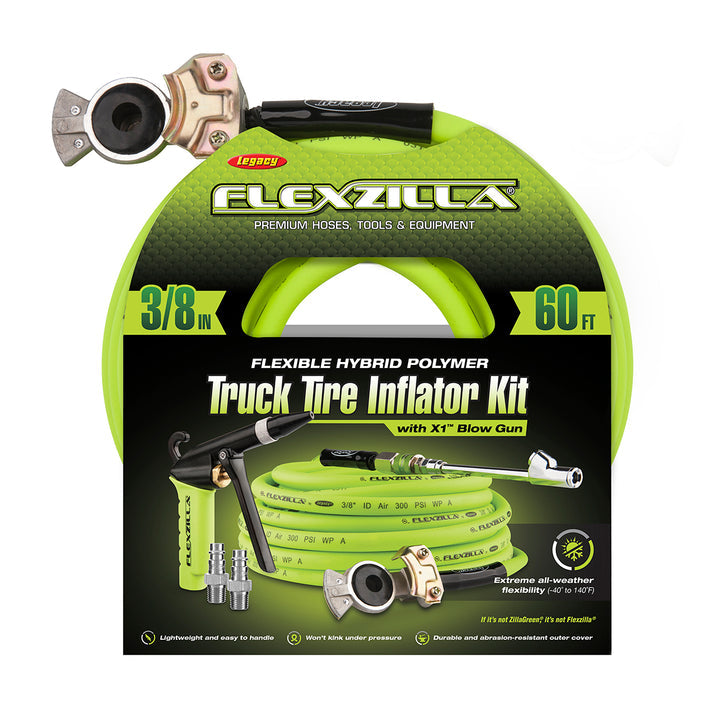 FlexZilla HGH7-FZ Truck Tire Inflator Kit, 6-Piece, 3/8 in. x 60 ft., Blow Gun with Rubber Tip, Pro High Flow Coupler and Plugs, 30° Dual Air Chuck, and Glad Hand