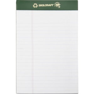 AbilityOne 7530015169629 SKILCRAFT Perforated Chlorine Free Writing Pad - 50 Sheets - Tape Bound - 0.31" Ruled - 20 lb Basis Weight 5" x 8" - White Paper - Green Binder - Perforated, Back Board, Chlorine-free, Leatherette Head Strip - 1Dozen