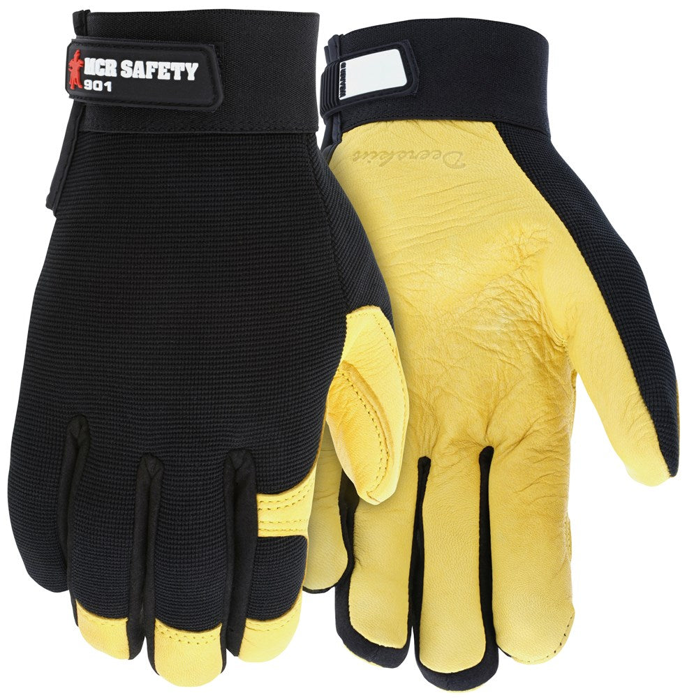 MCR Safety 901XL MCR Safety Mechanics Gloves Supple Grain Deerskin Palm Adjustable Hook and Loop Wrist Closure Flexible and Breathable Spandex Back (1 Pair)