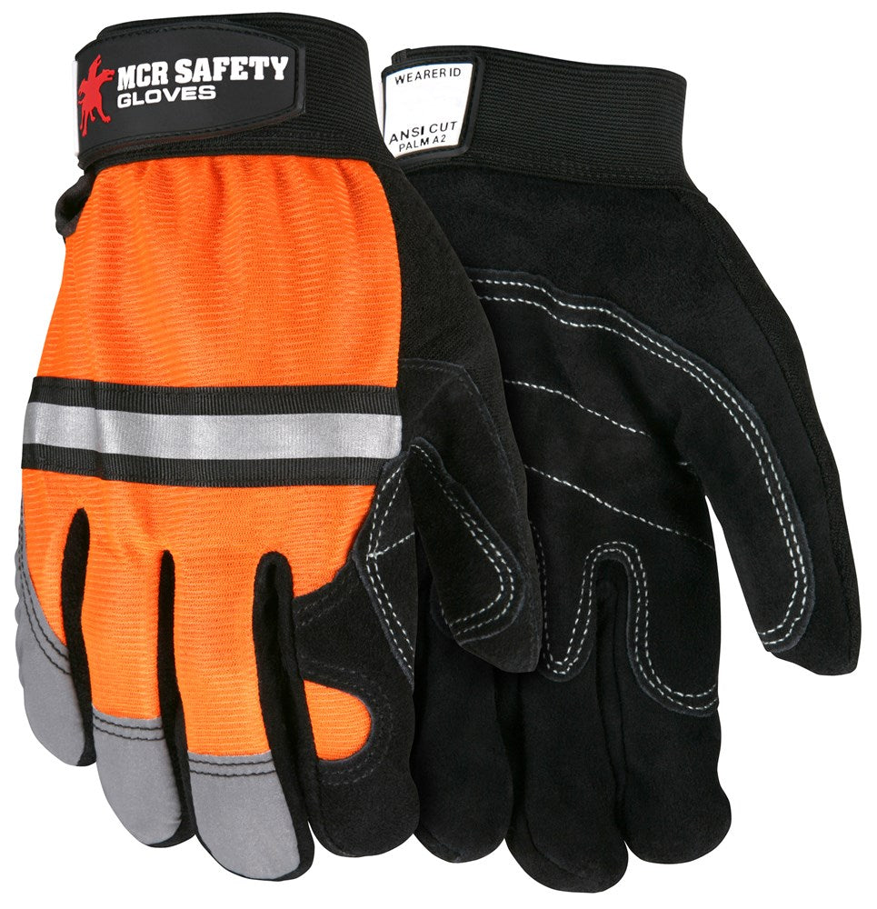 MCR Safety 911DPS MCR Safety Mechanics Gloves Reinforced Double Palm, Hi-Visibility Back Reflective knuckle strip and fingertips Rugged double stitched double palm with hi-visibility reflective back (1 Pair)