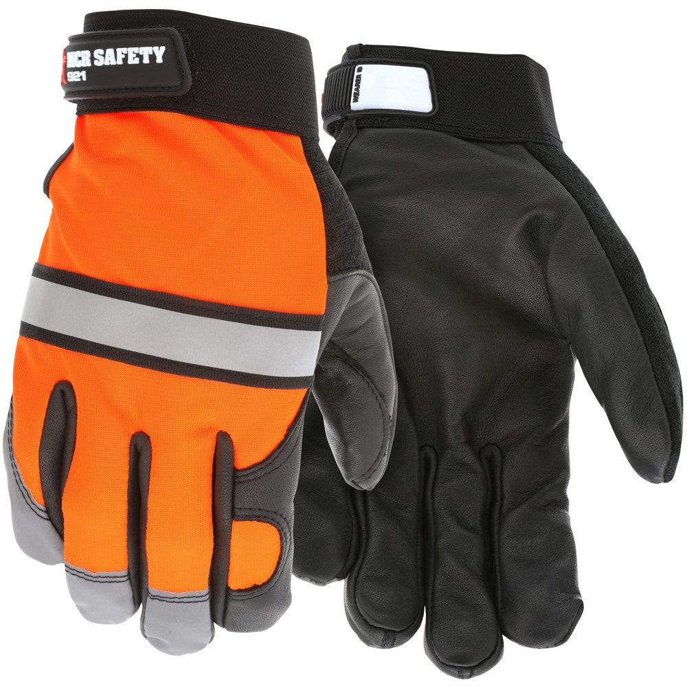 MCR Safety 921M Luminator® Series MCR Safety Mechanics Gloves Premium Grain Cow Palm, Hi-Visibility Back Reflective knuckle stripe and fingertips (1 Pair)