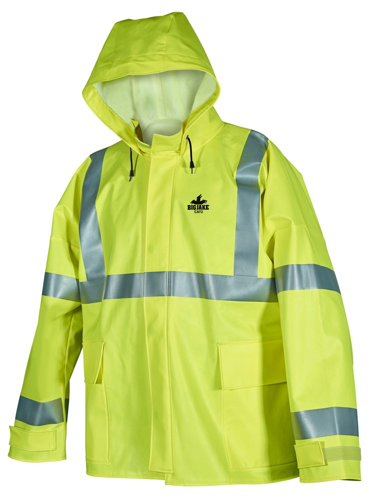 MCR Safety BJ38JHX5 Big Jake Rainwear Series PVC / Nomex® Flame Resistant Jacket with Attached Hood Class 3 Type R High Visibility Standard ARC Rated HRC2/CAT2 ATPV 8.9 cal/cm² (1 EA)