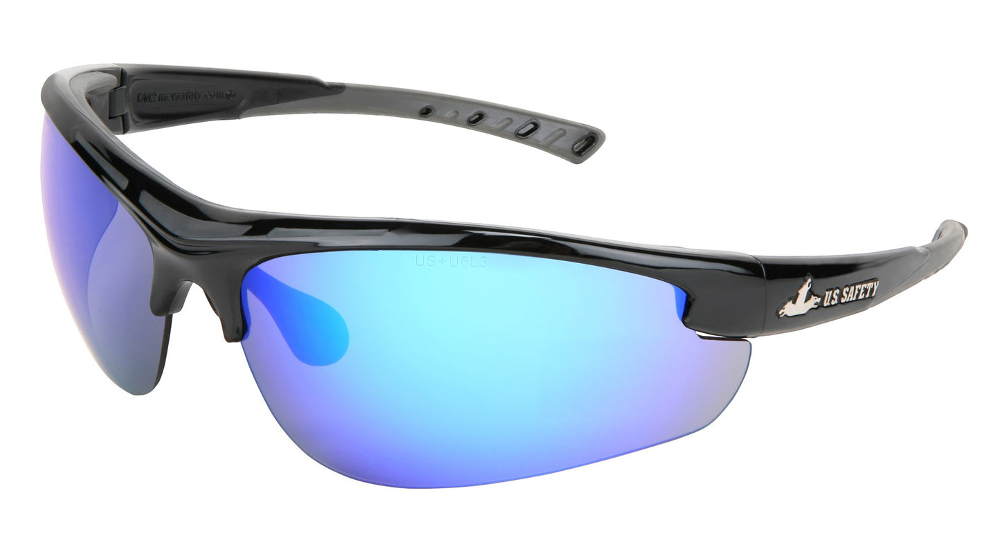 MCR Safety DM1218B Dominator™ 2 Series Safety Glasses with Blue Diamond Mirror Lenses Black Glasses with Gray TPR Temples Comfortable TPR Brow Guard (1 Pair)