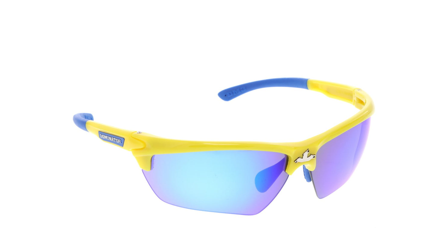 MCR Safety DM1348B Dominator™ DM3 Series Safety Glasses with Blue Diamond Mirror Lenses Yellow Frame Color with Blue Temples Adjustable Wire Core Temples and Nose Piece (1 Pair)