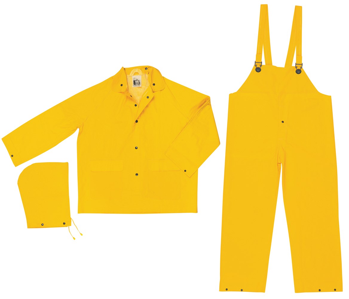 MCR Safety FR2003X4 Classic Series Rain Gear .35mm PVC / Polyester Material 3 Piece Waterproof Yellow Rain Suit Rain Jacket, Detachable Hood and Bib Pants Limited Flammability (1 EA)