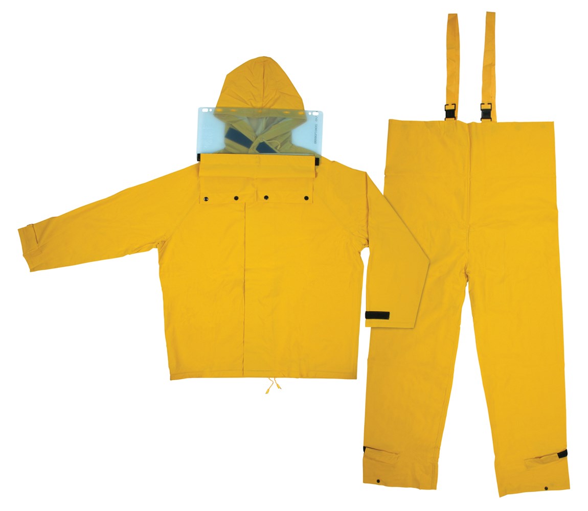 MCR Safety HBS100X7 Hydroblast Series Rain Gear .35mm Yellow PVC / Polyester Rain Wear 2 Piece Hydroblasting Rain Suit Rain Jacket, Attached Hood and Bib Pants (1 EA)