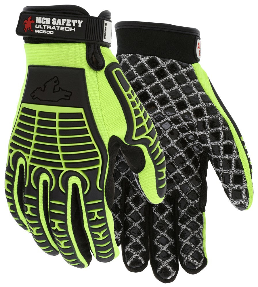 MCR Safety MC500S MCR Safety UltraTech® Mechanics Gloves Hi-Visibility Cut and Abrasion-Resistant Gloves 10-Gauge HPPE/Synthetic Brushed Nylon Silicone Palm Blocks and TPR Cage Back (1 Pair)