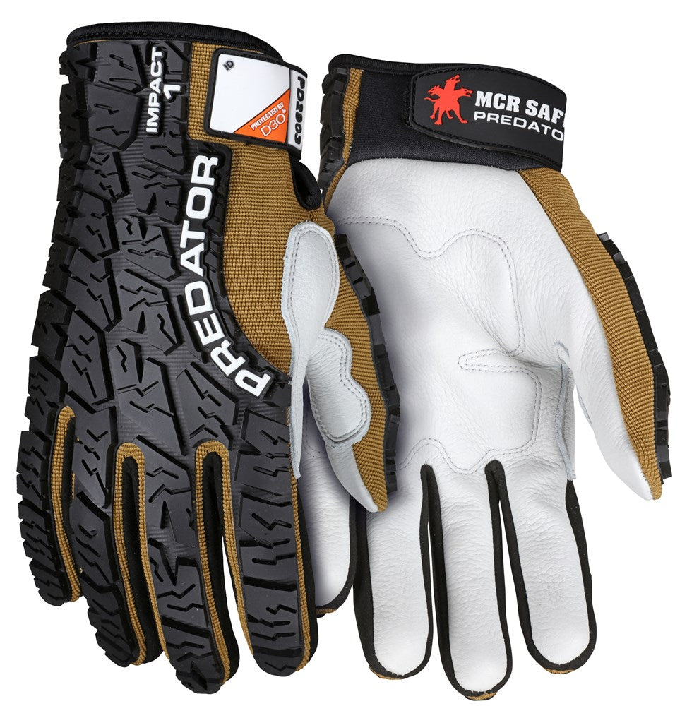 MCR Safety PD2903XL Predator® Mechanics Work Gloves Premium Cow Grain Leather Palm D3O® Foam Padded Palm Tire Tread Pattern TPR Back Back-of-Hand Reinforced Thumb Crotch (1 Pair)