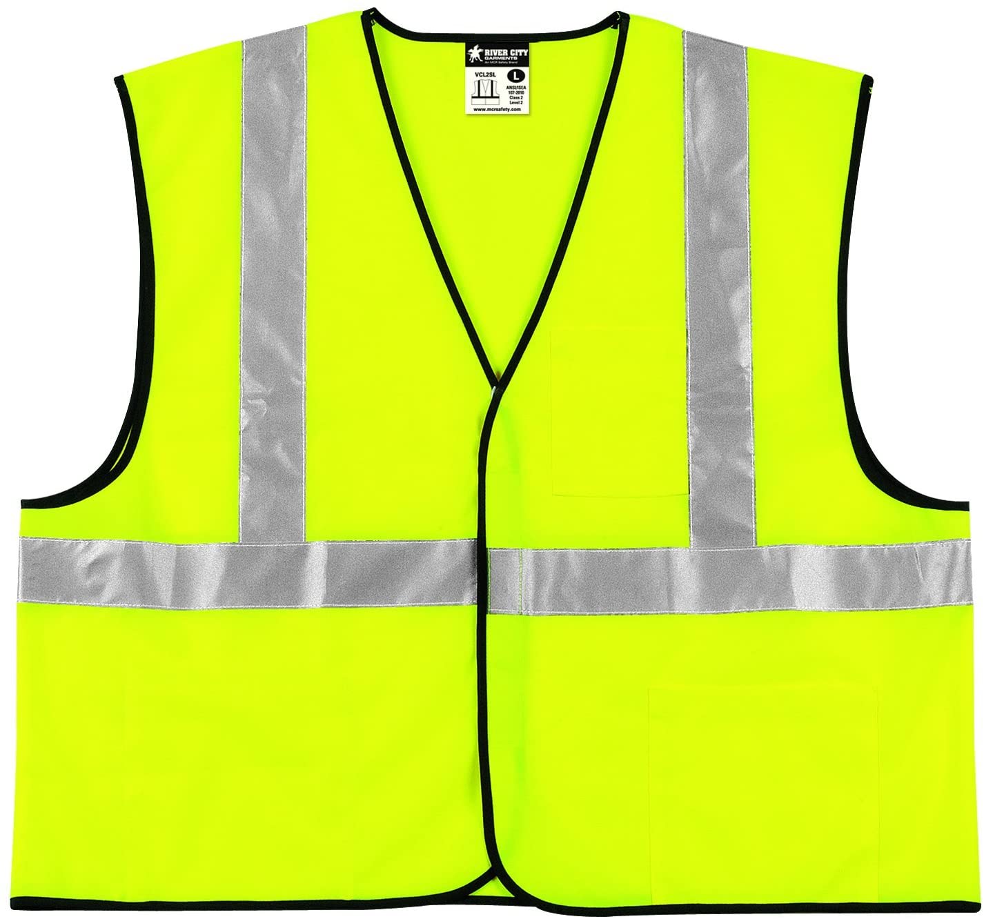 MCR Safety VCL2SLX3 Luminator® Series Hi-Vis Reflective Lime Safety Vest Meets ANSI/ISEA 107 2020 Standard Type R Class 2 Compliant Solid Fabric with 2 Inch Silver Stripes Hook and Loop Front Closure (1 EA)