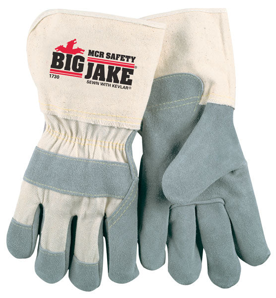 MCR Safety VP1730L Big Jake® Premium A+ Side Leather Palm Work Gloves 4.5 Inch Extended Gauntlet Duck Cuff Sewn with DuPont™ Kevlar® Vending Packaged (1 Pair)