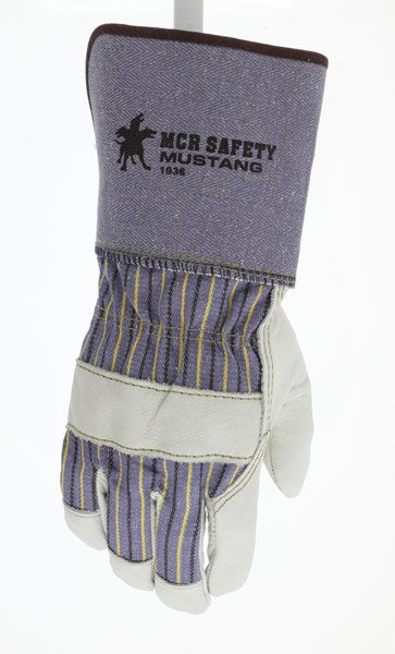 MCR Safety VP1936L Vending Packaged Mustang Gloves Premium Grain Leather Palm 4.5 Inch Rubberized Gauntlet Cuff (1 Pair)