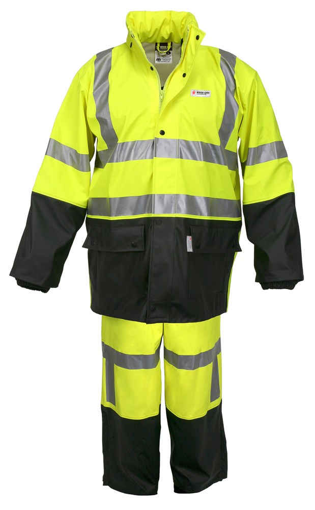 MCR Safety 5182SX2 Luminator® Hi-Visibility Rain Gear .40mm PU / Cotton Poly Blend Stretch Fabric 2 Piece Hi Vis Reflective Rain Suit Meets ANSI/ISEA 107 2020 Standard Type R Class 3 Compliant (1 EA)