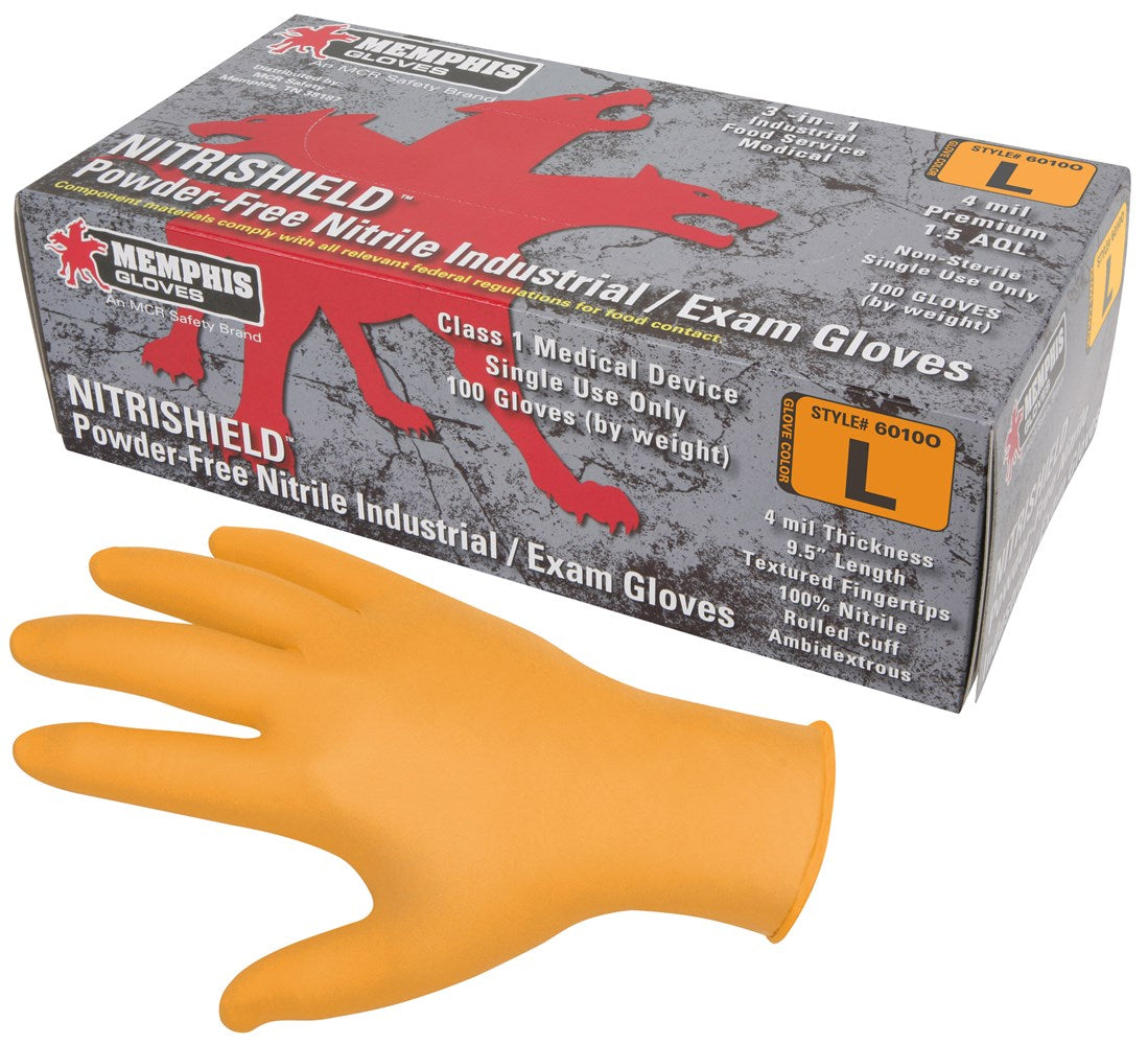 MCR Safety 6010OL 4 mil (5.03 g) NitriShield™ Gloves Powder Free Disposable Nitrile Premium Medical Grade Textured Grip 9.5 Inches Orange (1 CS)