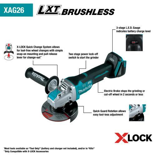 Makita XAG26Z 18V LXT® Lithium‘Ion Brushless Cordless 4‘1/2 / 5" Paddle Switch X‘LOCK Angle Grinder, with AFT®, Tool Only