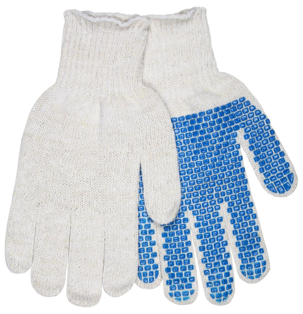 MCR Safety 9650LMB Cotton String Knit Work Gloves 7 Gauge Regular Weight White String Knit Cotton Polyester Blended Fabric Blue PVC Blocks One Side (1 DZ)