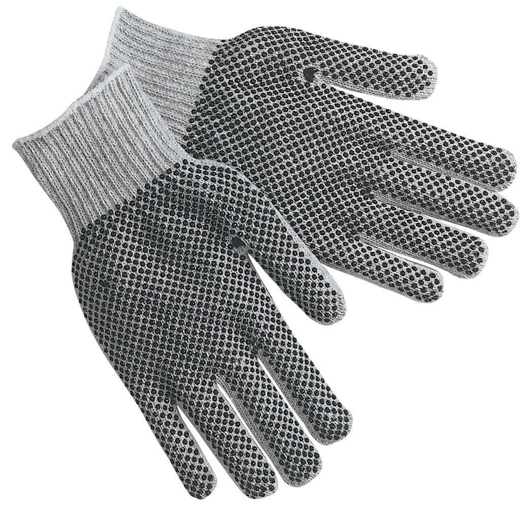 MCR Safety 9662SM Cotton String Knit Work Gloves 7 Gauge Regular Weight String Knit Gray 70% Cotton 30% Polyester Fabric Black PVC Dotted One Both Sides (1 DZ)