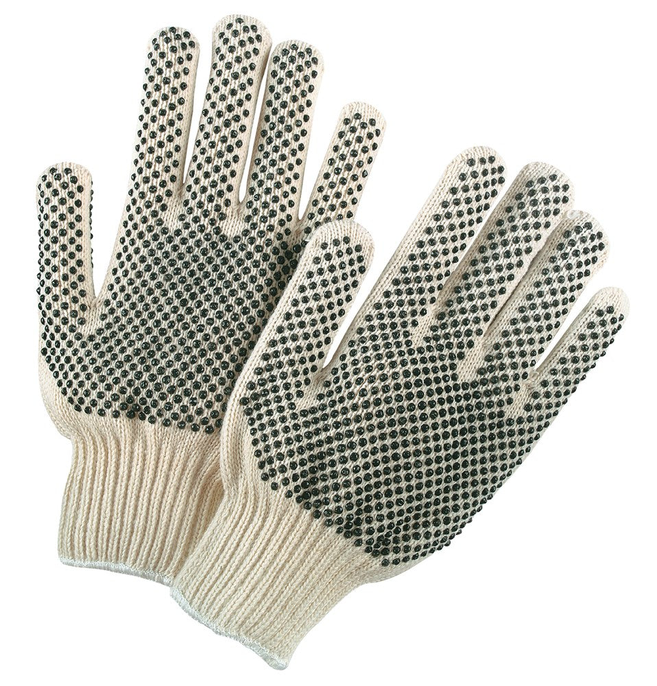MCR Safety 9668L Cotton String Knit Work Gloves 7 Gauge Regular Weight String Knit Natural 60% Cotton 40% Polyester Fabric Black PVC Dotted On Both Sides (1 DZ)
