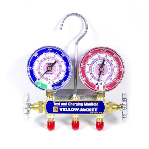 Yellow Jacket 41652 Series 41 Manifold only with 5/16″-1/4″-5/16″ anchor and 1/4″ service fittings, bar/psi, R32/410A, °F and °C A2L COMPATIBLE