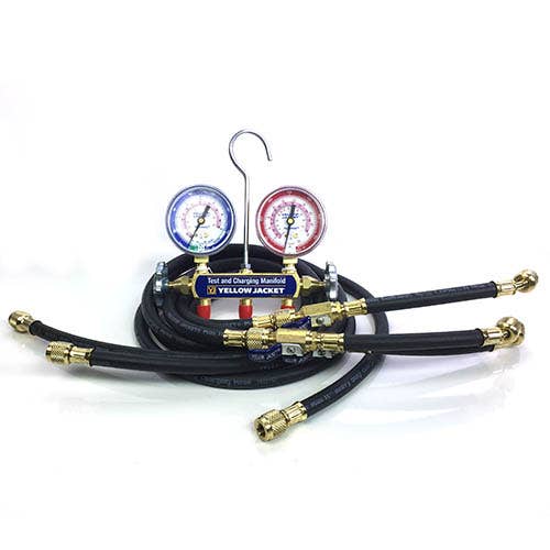 Yellow Jacket 41702 2-Valve Series 41 Test/Charging Manifold, (kg/cm2/psi °F/°C) R32/410A Refrigerants, 2-1/2" Gauges (HCABV 60" PLUS II Hoses)