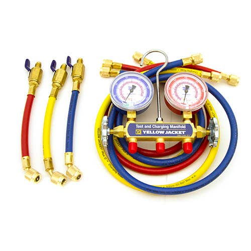 Yellow Jacket 41703 2-Valve Series 41 Test/Charging Manifold, (kg/cm2/psi °F/°C) R410A Refrigerant, 2-1/2" Gauges (60" PLUS II/6" FlexFlow Hoses)