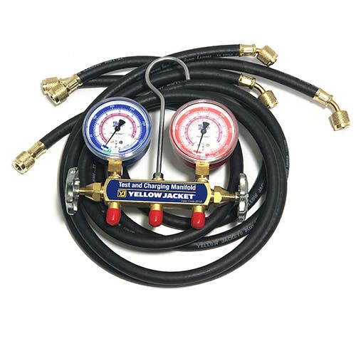 Yellow Jacket 41710 2-Valve Series 41 Test/Charging Manifold, (kg/cm2/psi °F/°C) R410A Refrigerant, 2-1/2" Gauges (HCA 60" PLUS II Hoses)